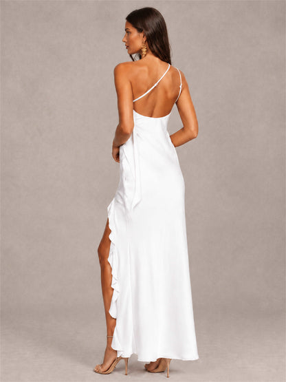 3D Flower One Shoulder Column Satin Sleeveless Wedding Guest Dress with Split Side