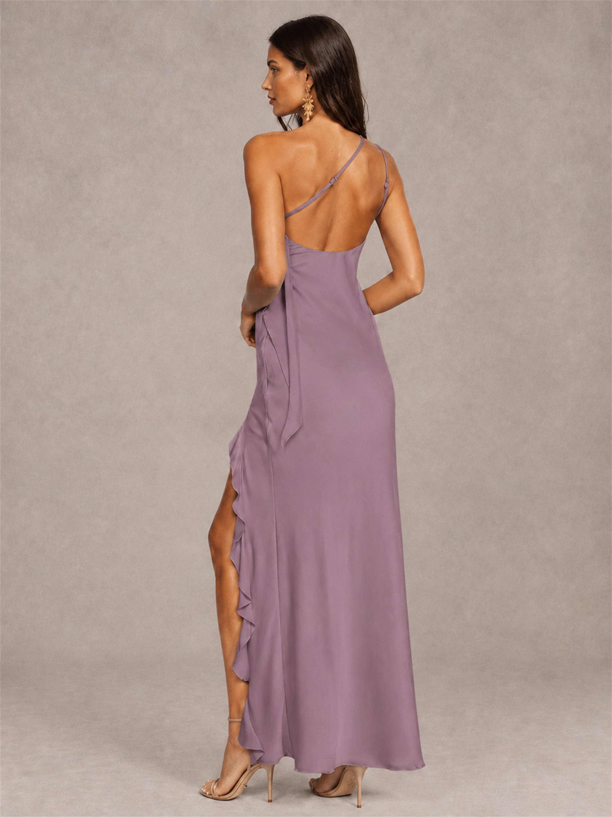 3D Flower One Shoulder Column Satin Sleeveless Wedding Guest Dress with Split Side