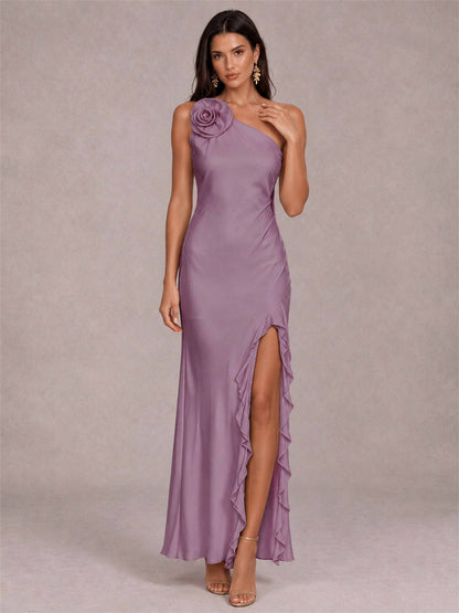 3D Flower One Shoulder Column Satin Sleeveless Wedding Guest Dress with Split Side