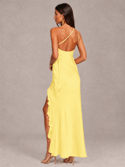 3D Flower One Shoulder Column Satin Sleeveless Wedding Guest Dress with Split Side