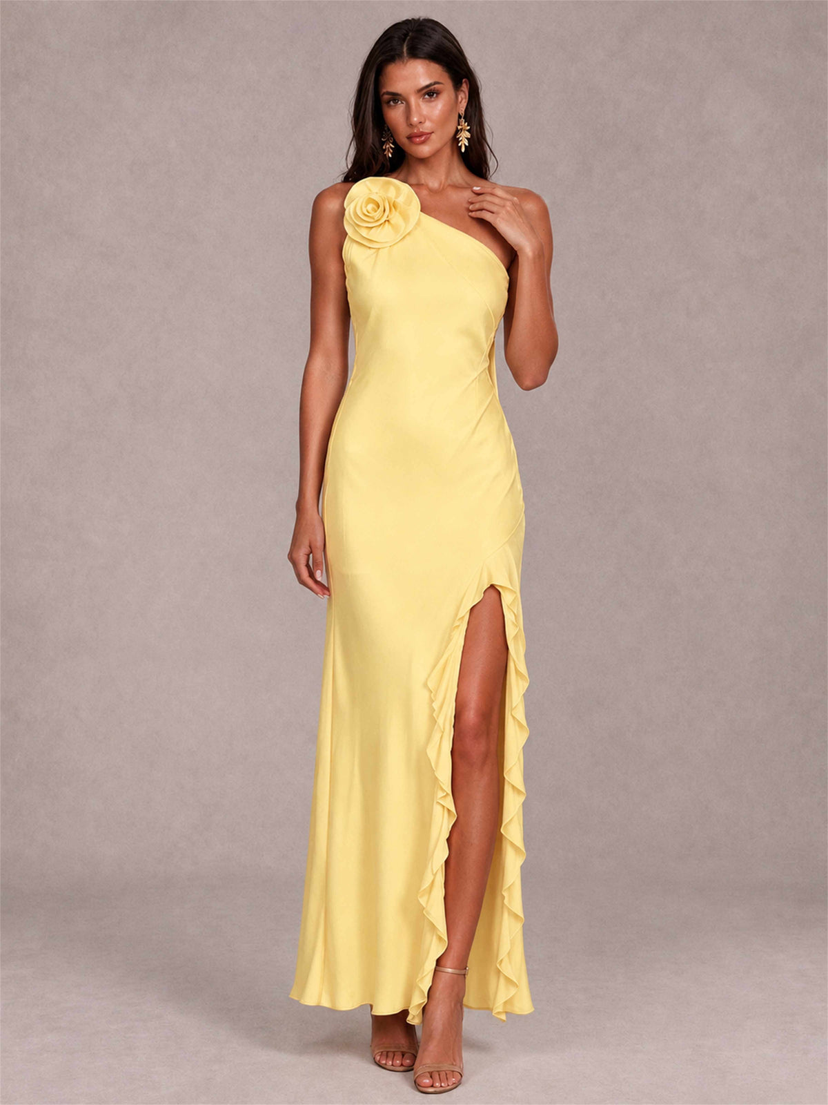 3D Flower One Shoulder Column Satin Sleeveless Wedding Guest Dress with Split Side