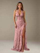 Free Shipping 3D Lace Flower Halter Mermaid Prom Dress with Side Slit