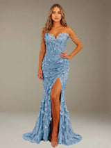 Free Shipping 3D Lace Flower Off-The-Shoulder Sweetheart Mermaid Prom Dress with Side Slit