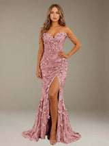 Free Shipping 3D Lace Flower Off-The-Shoulder Sweetheart Mermaid Prom Dress with Side Slit