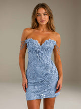 Free Shipping 3D Lace Flower Off-The-Shoulder Sweetheart Sheath Short Homecoming Dress