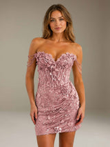 Free Shipping 3D Lace Flower Off-The-Shoulder Sweetheart Sheath Short Homecoming Dress