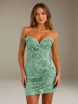 Free Shipping 3D Lace Flower Off-The-Shoulder Sweetheart Sheath Short Homecoming Dress