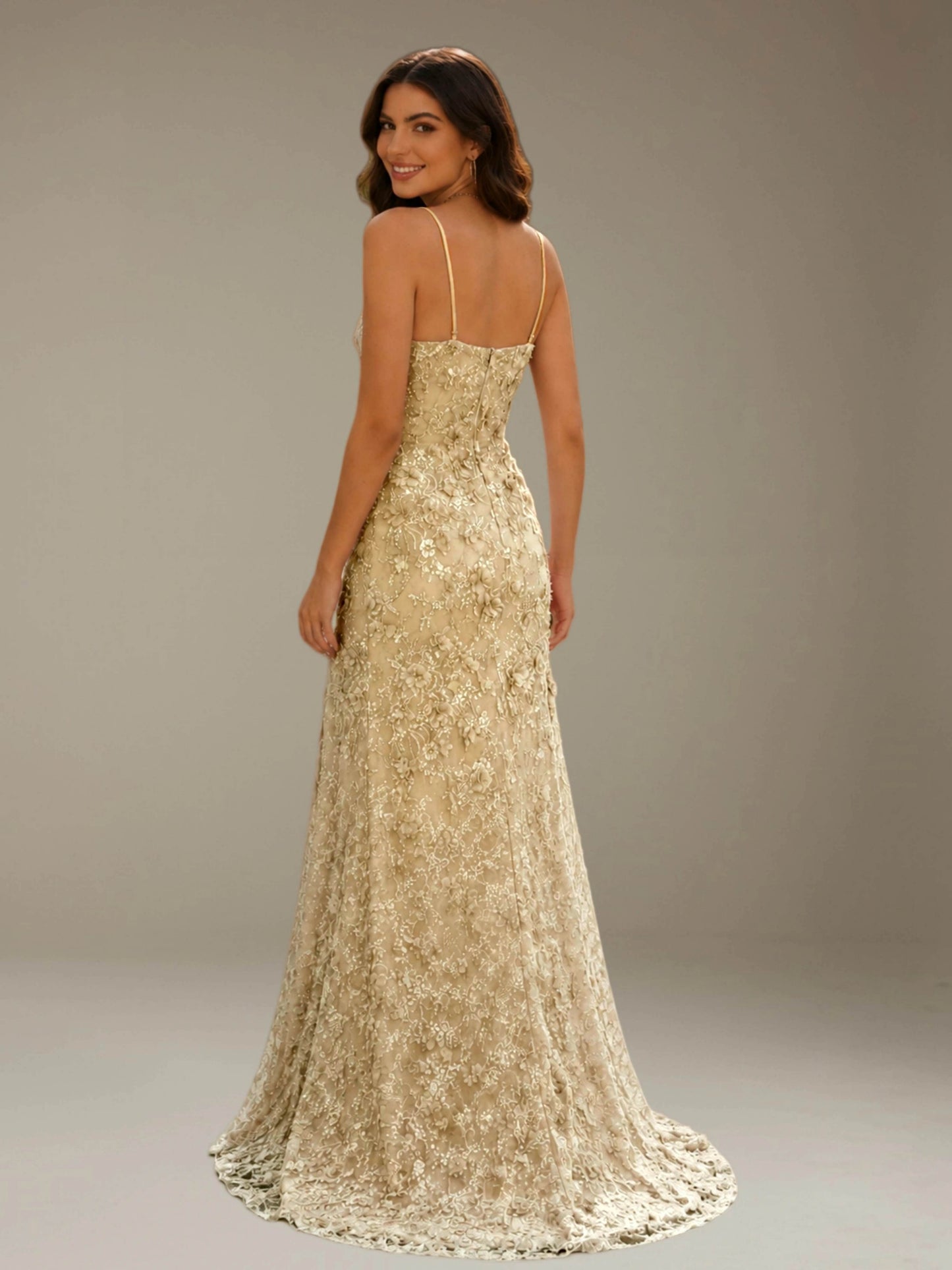 Free Shipping 3D Lace Flower Spaghetti Strap Mermaid Prom Dress with Side Slit