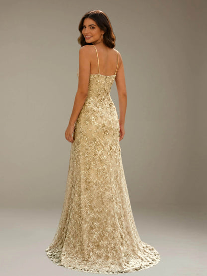 Free Shipping 3D Lace Flower Spaghetti Strap Mermaid Prom Dress with Side Slit