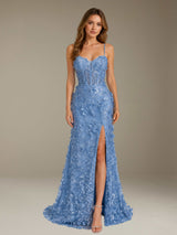 Free Shipping 3D Lace Flower Spaghetti Strap Mermaid Prom Dress with Side Slit
