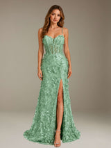 Free Shipping 3D Lace Flower Spaghetti Strap Mermaid Prom Dress with Side Slit