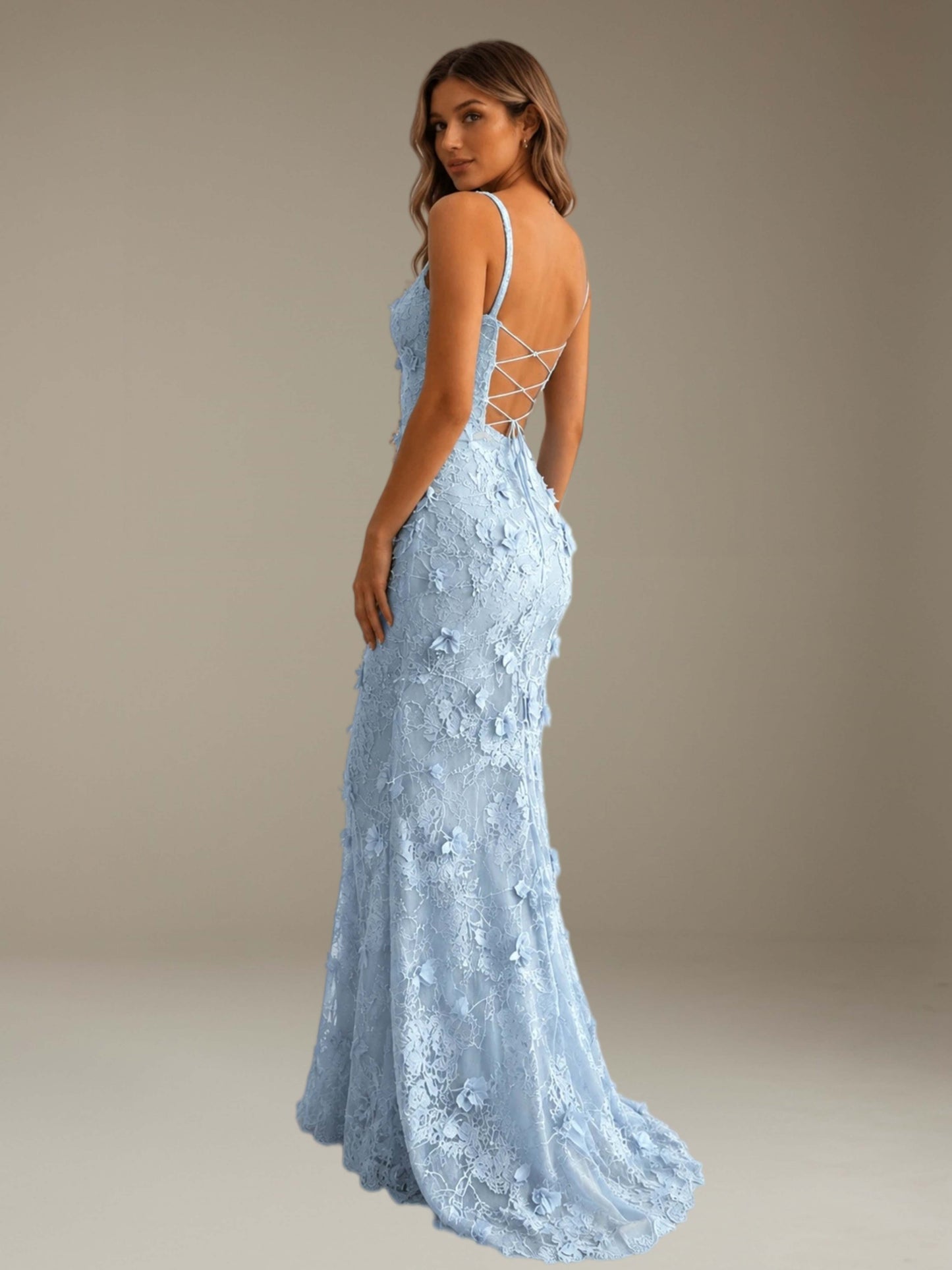 Free Shipping 3D Lace Flower Spaghetti Strap Sweetheart Mermaid Prom Dress