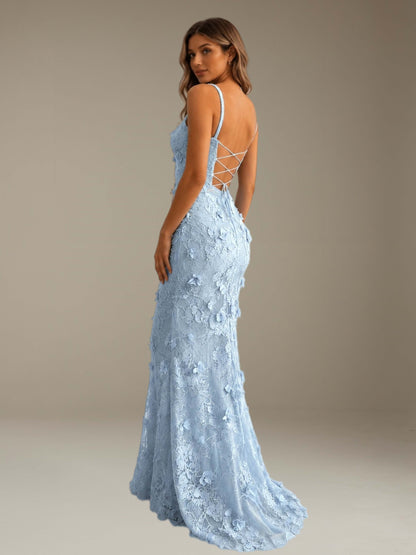 Free Shipping 3D Lace Flower Spaghetti Strap Sweetheart Mermaid Prom Dress