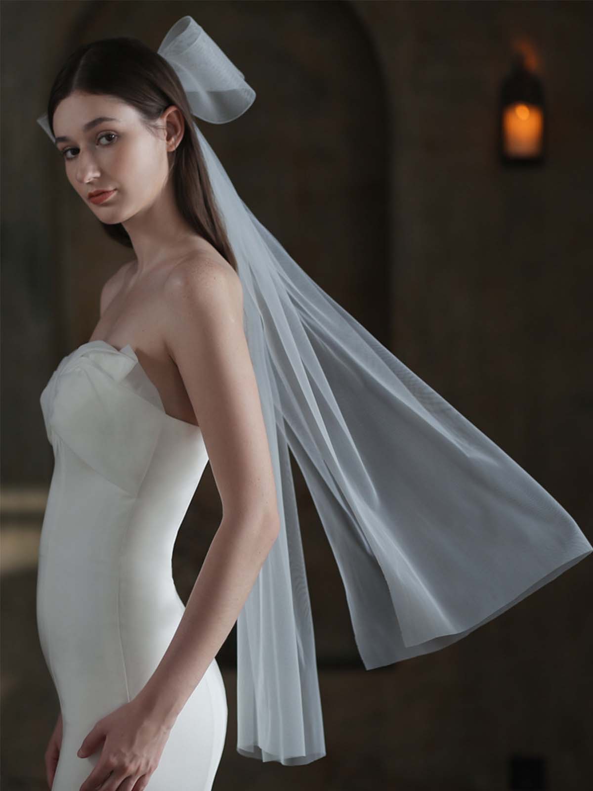 Bow Cut Edge Two Tier Tulle Bridal Elbow Length Short Wedding Veils