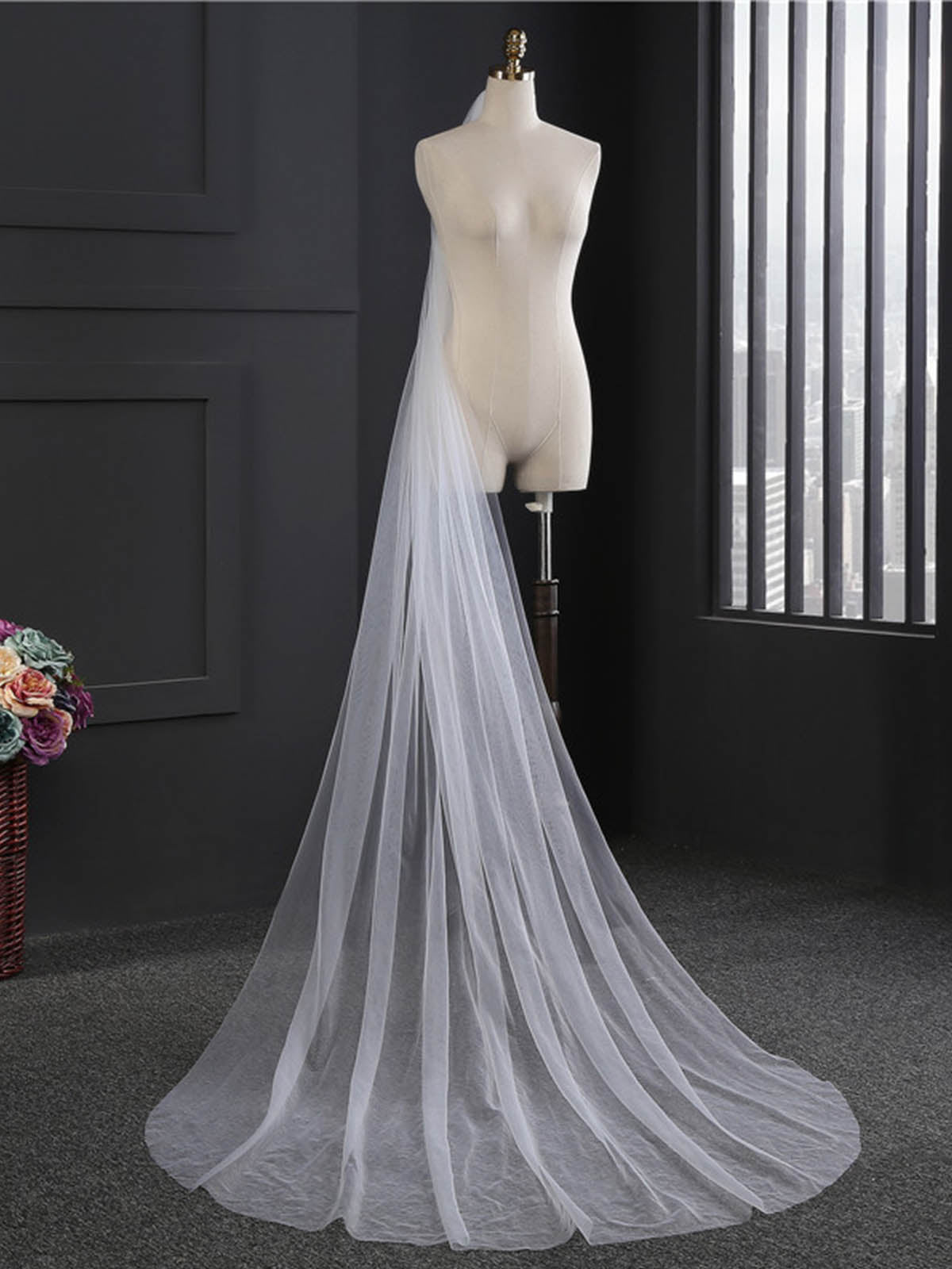 Minimalist Cut Edge Single Tier Tulle Bridal Cathedral Length Wedding Veils