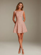 Free Shipping A-Line Boat Neck Cap Sleeve Floral Lace Homecoming Dress with Lace-Up Back