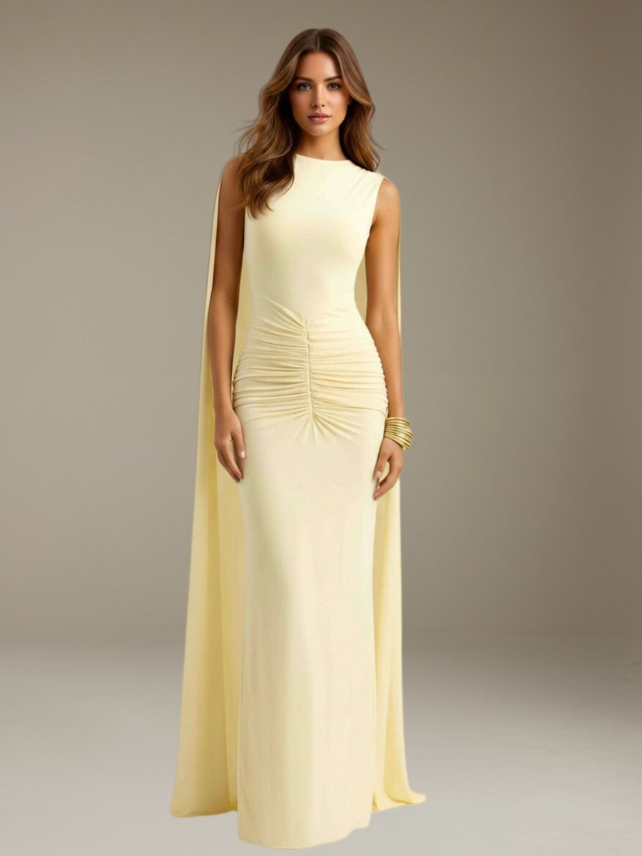 Light Yellow A-Line Boat Neck Cap Sleeves Open-Back Ruffles Formal Dress