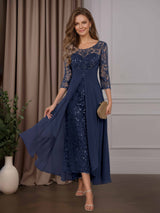 A-Line Chiffon Appliques 3/4 Length Sleeves Ankle Length Mother of the Bride Dresses
