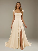 Free Shipping A-Line Chiffon Bridesmaid Dress Square Neck Sleeveless Floor-Length with Side Split