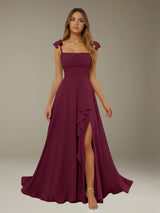 Free Shipping A-Line Chiffon Bridesmaid Dress Square Neck Sleeveless Floor-Length with Side Split