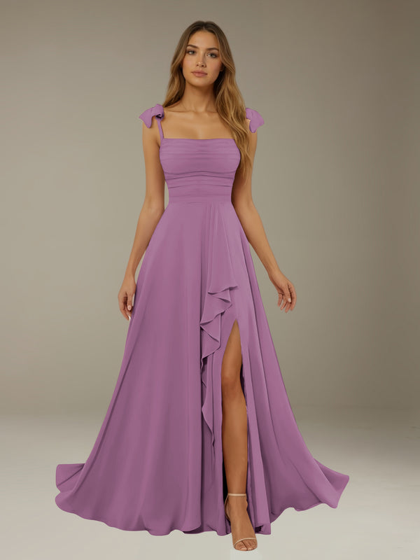 Dusty Purple Free Shipping A-Line Chiffon Bridesmaid Dress Square Neck Sleeveless Floor-Length with Side Split