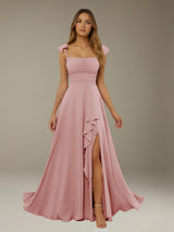 Free Shipping A-Line Chiffon Bridesmaid Dress Square Neck Sleeveless Floor-Length with Side Split