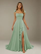 Free Shipping A-Line Chiffon Bridesmaid Dress Square Neck Sleeveless Floor-Length with Side Split