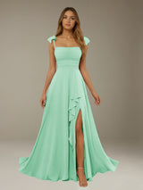 Free Shipping A-Line Chiffon Bridesmaid Dress Square Neck Sleeveless Floor-Length with Side Split