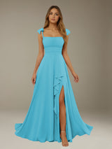 Free Shipping A-Line Chiffon Bridesmaid Dress Square Neck Sleeveless Floor-Length with Side Split