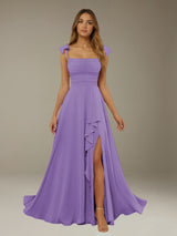 Free Shipping A-Line Chiffon Bridesmaid Dress Square Neck Sleeveless Floor-Length with Side Split