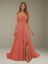 Free Shipping A-Line Chiffon Bridesmaid Dress Square Neck Sleeveless Floor-Length with Side Split