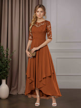 Free Shipping A-Line Chiffon Mother of the Bride Dress Scoop Neck Half Sleeves Asymmetrical Hem with Ruffle Appliques