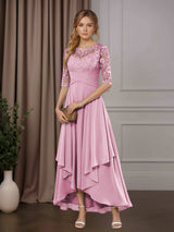 Free Shipping A-Line Chiffon Mother of the Bride Dress Scoop Neck Half Sleeves Asymmetrical Hem with Ruffle Appliques