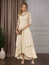 Free Shipping A-Line Chiffon Mother of the Bride Dress Scoop Neck Half Sleeves Asymmetrical Hem with Ruffle Appliques