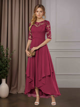 Free Shipping A-Line Chiffon Mother of the Bride Dress Scoop Neck Half Sleeves Asymmetrical Hem with Ruffle Appliques