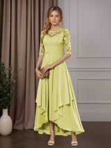 Free Shipping A-Line Chiffon Mother of the Bride Dress Scoop Neck Half Sleeves Asymmetrical Hem with Ruffle Appliques