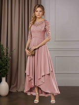 Free Shipping A-Line Chiffon Mother of the Bride Dress Scoop Neck Half Sleeves Asymmetrical Hem with Ruffle Appliques