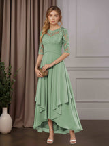 Free Shipping A-Line Chiffon Mother of the Bride Dress Scoop Neck Half Sleeves Asymmetrical Hem with Ruffle Appliques