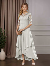 Free Shipping A-Line Chiffon Mother of the Bride Dress Scoop Neck Half Sleeves Asymmetrical Hem with Ruffle Appliques