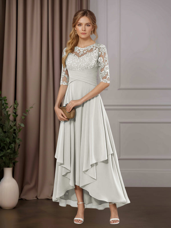 Ivory Free Shipping A-Line Chiffon Mother of the Bride Dress Scoop Neck Half Sleeves Asymmetrical Hem with Ruffle Appliques