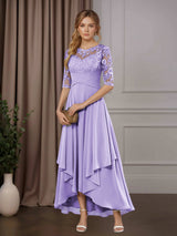 Free Shipping A-Line Chiffon Mother of the Bride Dress Scoop Neck Half Sleeves Asymmetrical Hem with Ruffle Appliques
