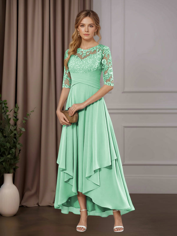 Mint Green Free Shipping A-Line Chiffon Mother of the Bride Dress Scoop Neck Half Sleeves Asymmetrical Hem with Ruffle