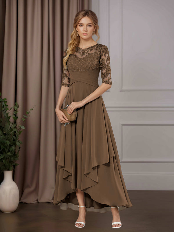 Mocha Free Shipping A-Line Chiffon Mother of the Bride Dress Scoop Neck Half Sleeves Asymmetrical Hem with Ruffle Appliques