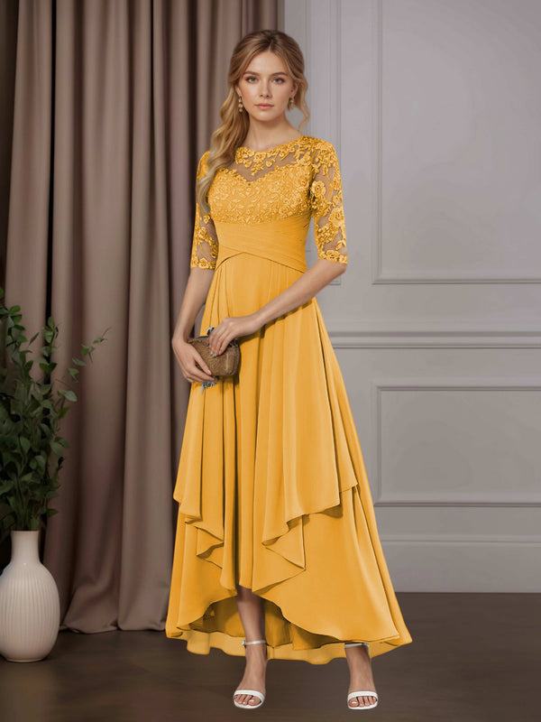 Mustard Free Shipping A-Line Chiffon Mother of the Bride Dress Scoop Neck Half Sleeves Asymmetrical Hem with Ruffle Appliques