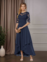 Free Shipping A-Line Chiffon Mother of the Bride Dress Scoop Neck Half Sleeves Asymmetrical Hem with Ruffle Appliques