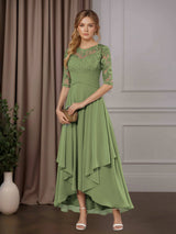 Free Shipping A-Line Chiffon Mother of the Bride Dress Scoop Neck Half Sleeves Asymmetrical Hem with Ruffle Appliques