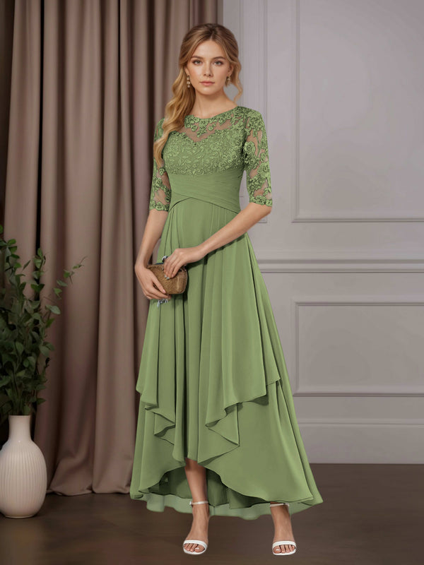 Olive Green Free Shipping A-Line Chiffon Mother of the Bride Dress Scoop Neck Half Sleeves Asymmetrical Hem with Ruffle
