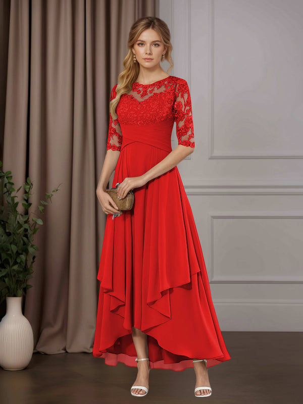 Red Free Shipping A-Line Chiffon Mother of the Bride Dress Scoop Neck Half Sleeves Asymmetrical Hem with Ruffle Appliques