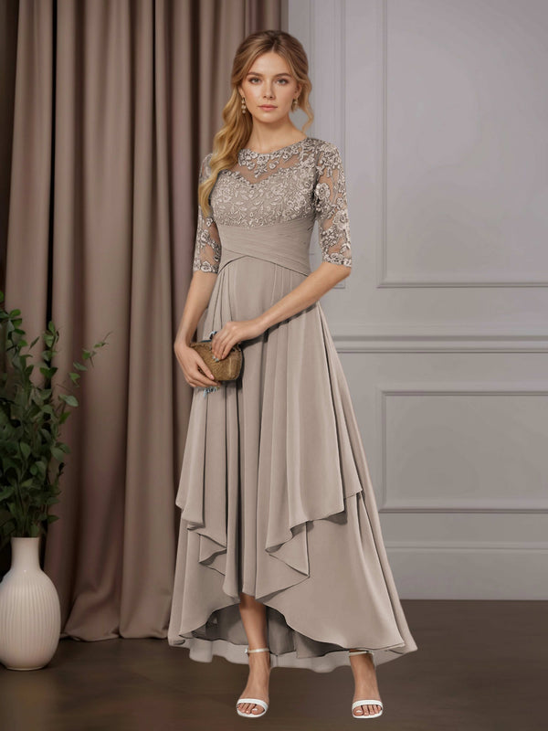 Taupe Free Shipping A-Line Chiffon Mother of the Bride Dress Scoop Neck Half Sleeves Asymmetrical Hem with Ruffle Appliques