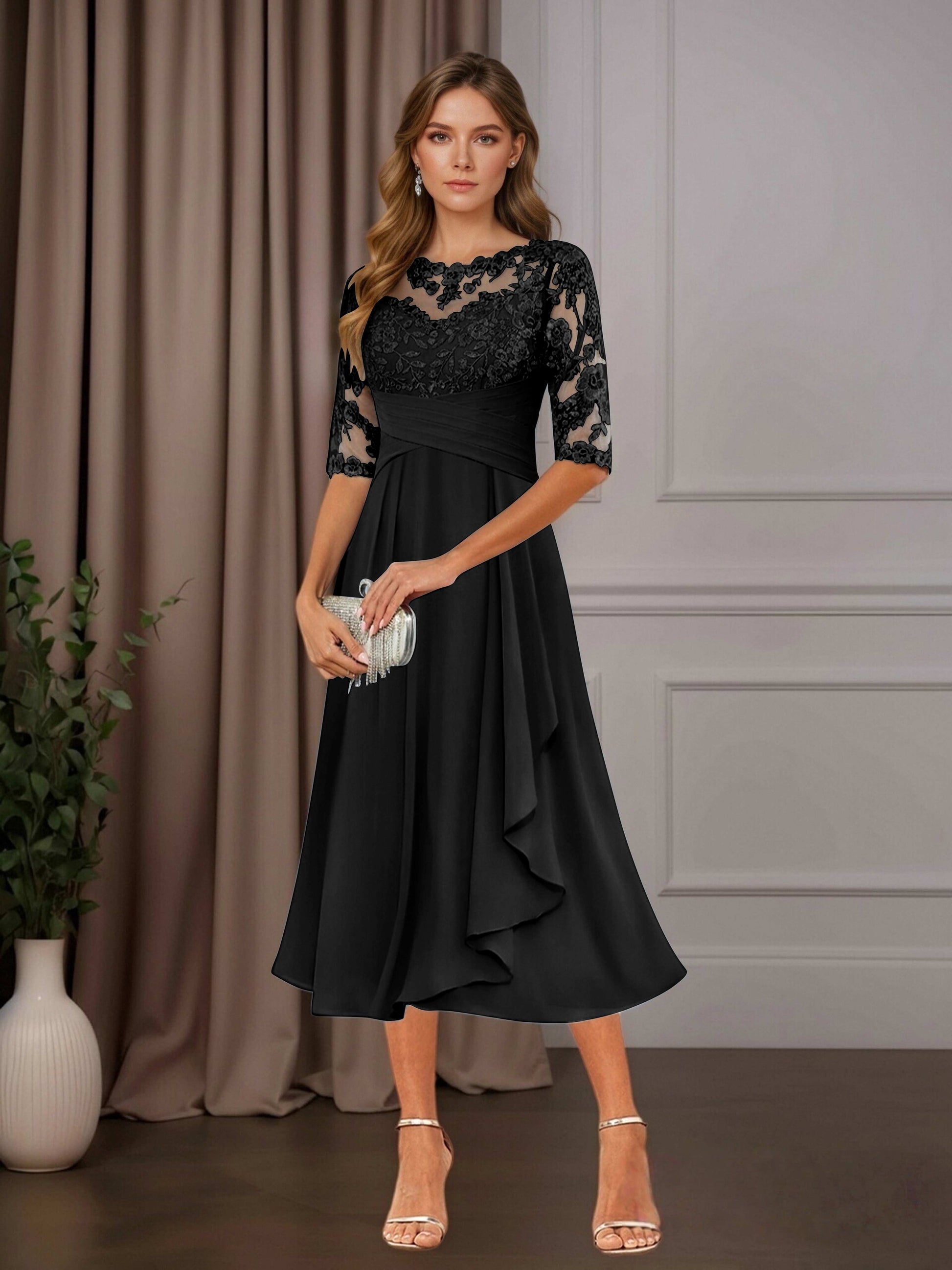 Free Shipping A-Line Chiffon Mother of the Bride Dress Tea Length Scoo –